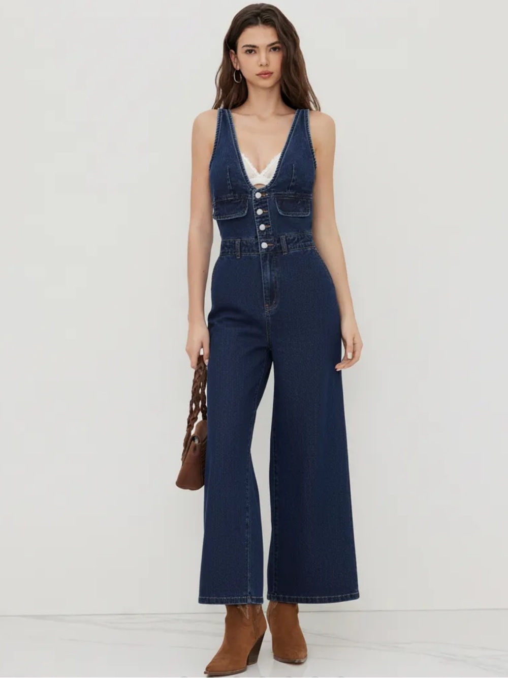 NWT CIDER DENIM V-NECK BUTTON POCKET WIDE LEG JUMPSUIT